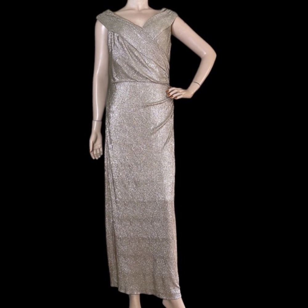 Metallic Silver Foil Stretch Ralph Lauren Evening Dress